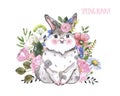 Watercolor spring hand painted bunny and beautiful floral bouquet, isolated on white background. Easter card elements.