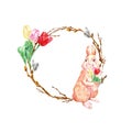 Watercolor spring holiday wreath for Easter with cute rabbit, tree branches and colorful tulip flowers, isolated. Royalty Free Stock Photo