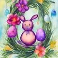 Watercolor spring illustrated of rabbit in floral Easter wreath with colorful eggs. Generative AI Royalty Free Stock Photo