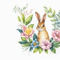 Watercolor spring illustrated of rabbit in floral Easter wreath. Easter Bunny. Generative AI Royalty Free Stock Photo