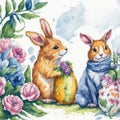Watercolor spring illustrated of rabbits with Easter eggs and flowers. Easter Bunnies. Generative AI Royalty Free Stock Photo