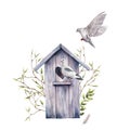 Watercolor spring illustration with birdhouse and pigeons. Wooden nesting box, tree branches, feather, birds scene