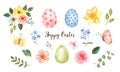 Watercolor spring illustration with colored eggs and flowers, isolated on white background. Decorative Easter elements set Royalty Free Stock Photo