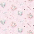 A watercolor spring illustration of the cute easter baby bird and eggs. Egg cartoon animal seamless pink fabric pattern Royalty Free Stock Photo