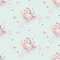 A watercolor spring illustration of the cute easter baby bird and eggs. Egg cartoon animal seamless pink fabric pattern Royalty Free Stock Photo