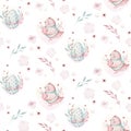 A watercolor spring illustration of the cute easter baby bird and eggs. Egg cartoon animal seamless pink fabric pattern Royalty Free Stock Photo