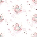 A watercolor spring illustration of the cute easter baby bird and eggs. Egg cartoon animal seamless pink fabric pattern