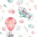 A watercolor spring illustration of the cute easter baby bunny. Rabbit cartoon animal seamless pink pattern with balloon