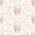 A watercolor spring illustration of the cute easter baby bunny. Rabbit cartoon animal seamless pink pattern with basket Royalty Free Stock Photo