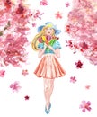 Watercolor spring illustration with cute girl walkin in a park with sakura trees. Young pretty women. Cherry blossom Royalty Free Stock Photo