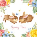 Watercolor spring illustration. Ready to use invitation with flowers,branches,butterfly and cute bunnies