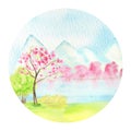 Watercolor Spring landscape, mountains, hills, lake and sakura pink flowers trees, Green nature forest landscape Royalty Free Stock Photo