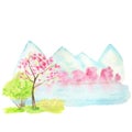 Watercolor Spring landscape, mountains, hills, lake and sakura pink flowers trees, Green nature forest landscape Royalty Free Stock Photo