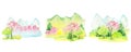 Watercolor Spring landscape, mountains, hills and sakura pink flowers trees set, Green nature forest landscape, scenery Royalty Free Stock Photo