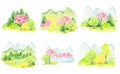 Watercolor Spring landscape, mountains, hills and sakura pink flowers trees set, Green nature forest landscape, scenery Royalty Free Stock Photo