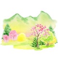 Watercolor Spring landscape, mountains, hills, sakura pink flowers trees and yellow forsythia bush, Green nature forest Royalty Free Stock Photo