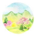 Watercolor Spring landscape, mountains, hills, sakura pink flowers trees and yellow forsythia bush, Green nature forest Royalty Free Stock Photo