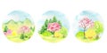 Watercolor Spring landscape, mountains, hills, sakura pink flowers trees and yellow forsythia bush set, Green nature Royalty Free Stock Photo