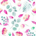 Watercolor spring pink wildflowers, berries, eucalyptus branches and leaves seamless pattern Royalty Free Stock Photo