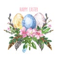 Happy Easter watercolor illustration. Hand drawn bird eggs, beautiful cherry blossom bouquet, feathers, pussy willow branches