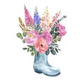 Watercolor spring rain boot with pretty floral bouquet. garden flowers illustration. Greeting card design