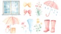 Watercolor spring rain elements window, umbrellas, bows, flowers, boots, puddle Royalty Free Stock Photo