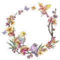 Watercolor spring round frame, vintage floral wreath with birds