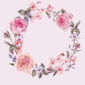 Watercolor spring round wreath with pink roses