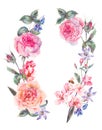 Watercolor spring round wreath with pink roses