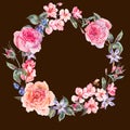 Watercolor spring round wreath with pink roses