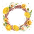 Watercolor spring round wreath of yellow dandelions Royalty Free Stock Photo