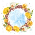 Watercolor spring round wreath of yellow dandelions Royalty Free Stock Photo