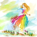 Watercolor spring running girl at light chiffon dress