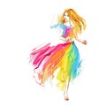 Watercolor spring running girl at light chiffon dress