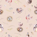 Watercolor spring rustic pattern with nest, birds, branch,tree twigs and feather. Watercolour seamless hand drawn bird