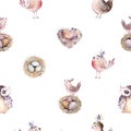 Watercolor spring rustic pattern with nest, birds, branch,tree twigs and feather. Watercolour seamless hand drawn bird