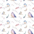 Watercolor spring rustic pattern with nest, birds, branch,tree