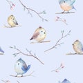 Watercolor spring rustic pattern with nest, birds, branch,tree