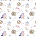 Watercolor spring rustic pattern with nest, birds, branch,tree