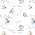 Watercolor spring rustic pattern with nest, birds, branch,tree