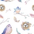 Watercolor spring rustic pattern with nest, birds, branch,tree