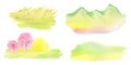 Watercolor Spring sakura tries, mountains, hills set, yellow forsythia bush and green grass landscape, Pink flower sour Royalty Free Stock Photo