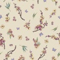 Watercolor spring seamless patten, vintage floral bouquet with b Royalty Free Stock Photo