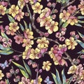 Watercolor spring seamless patten, vintage floral bouquet with b Royalty Free Stock Photo