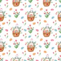 Watercolor spring seamless pattern with Easter baskets with colorful eggs