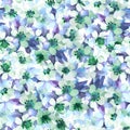 Watercolor spring seamless pattern of blossoming apple tree branches Blurred smeared washed transparent blooms Cool color palette Royalty Free Stock Photo