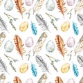 Watercolor spring seamless pattern with easter eggs, willow tree branches, assorted colorful feathers on white background. Royalty Free Stock Photo