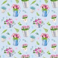 watercolor spring seamless pattern with flowers and garden elemements on blue Royalty Free Stock Photo
