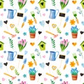 watercolor spring seamless pattern with flowers and garden elemements Royalty Free Stock Photo