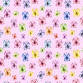 Watercolor spring and summer butterflies seamless pattern on pink background.